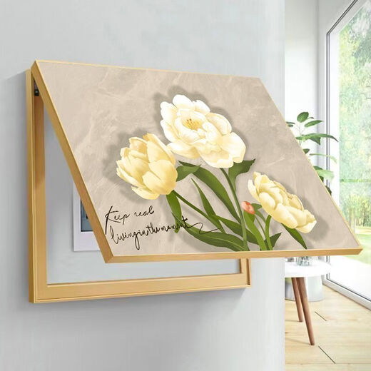 Distribution box decorative painting blocking cream style peony flower restaurant dining room meter box box power main switch hanging painting B style cream peony gold frame 70X50 accommodates 62*42 flip-up model aluminum alloy frame
