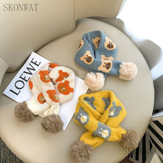 SKONWAT winter baby cute bear scarf, thickened, warm and cold-proof, men's and women's scarf, autumn and winter plush, versatile and trendy blue bear