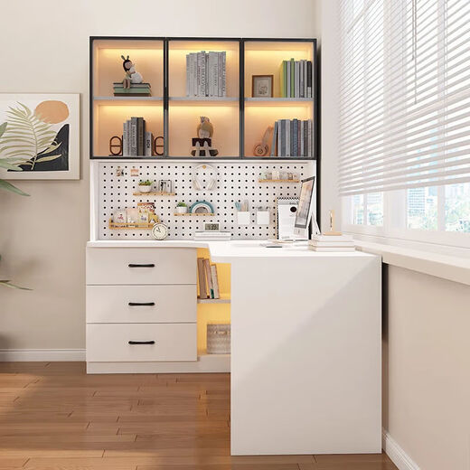 Suzhan solid wood desk and bookshelf integrated bedroom children's writing desk simple corner desk desktop office computer table solid wood ecological board cream white - bookcase on the left 120*65*170 bookcase two glass doors