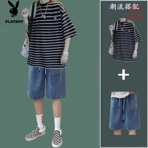 花花公子条纹短袖套装男夏季休闲帅气一套衣服搭配潮流T恤牛仔短裤两件套 9226黑+147牛仔短裤黑灰 XL