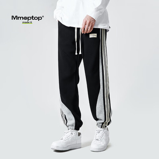 MMOPTOP潮流条纹束脚裤子男春夏季宽松阔腿运动休闲长裤CK652 黑色 L
