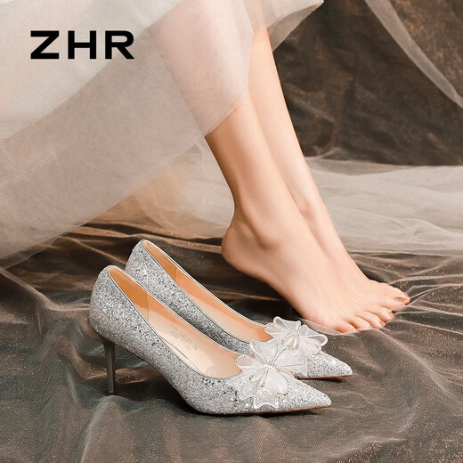 
ZHR Chinese Valentine's High Heels Women's French Crystal Wedding Shoes Women's Thin Heels Pointed Bow Single Shoes Women's BQ122 Silver 37