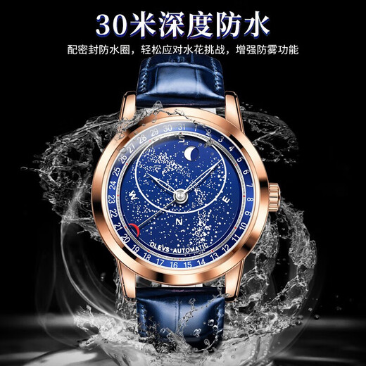 Oleeis levs Schweizer zertifizierte Brand Watch Mechanical Watch Luminous Water of Water of Star Series Herren Watch High-End-Herren-Uhr Olevs-9923-Rose Shell Starry Sky Blue Surface