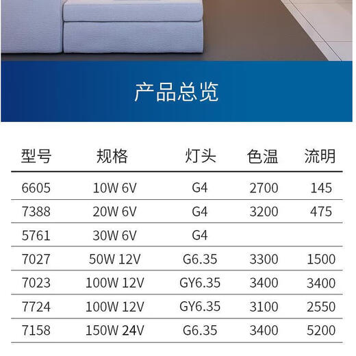 飞利浦飞利浦显微镜灯泡进口7388 5761 7027卤素灯泡612V10W20W无影灯珠 进口 【7027】12V 50W G6.35