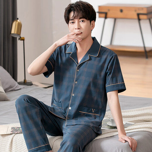 莫代尔睡衣男夏季纯棉短袖长裤男士薄款夏天大码半袖男款夏款家居服套装 9864深蓝 L(170)：适合120-140斤穿着