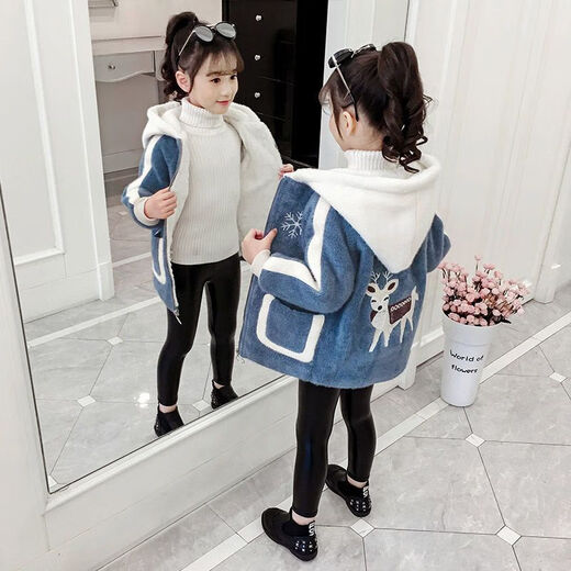 Ainolun Girls' Jacket Winter Style Thickened Woolen Coat for Girls 3-12 Years Old, Mid-Length Imitation Mink Velvet Clothes, Blue 130 Recommended Height 115-125cm
