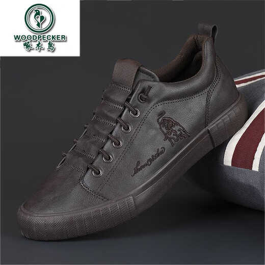 Woodpecker All Black Leather Men's Shoes 2025 Autumn New Soft Sole Soft Panel Shoes Business Casual Leather Shoes All Black 43 Loose Fit, One Size Smaller for Thin Feet