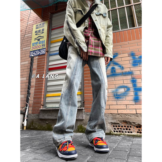 Allmählich beschatten Retro-Jeans-Herren Frühling und Sommer Hong Kong Trend High Street Floor Straight Hosen junge Studenten verlieren Weitbeinhosen XZ612-K694 Retro Blue 2xl [Empfohlen 155-170jin [Jin gleich 0,5 kg]]