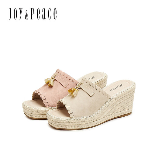 Joy/peace 2025 summer new retro fashionable sheep leather wedge flip flops sandals for women 25051BT5 [pre-sale] apricot color 37