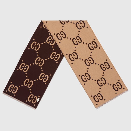 GUCCI Gucci Double G Jacquard Wool Scarf Brown and Beige Single Size
