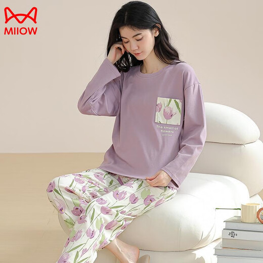Pijamas Catman para mujer Primavera y otoño Xinjiang Algodón Manga larga Talla grande Verano 2025 Nueva ropa de hogar de algodón Traje de cuello redondo 09M9902 Pantalones largos + Manga larga M Recomendado 80-100 Jin Jin equivale a 0,5 kg