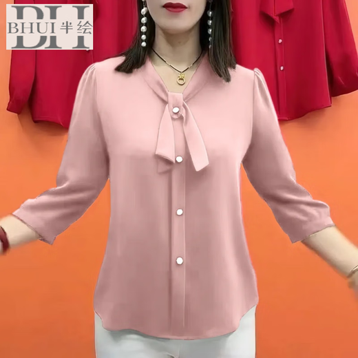 半绘新款七分袖雪纺女士衬衫高档中老年妈妈减龄色宽松遮肚子小衫女 红色-6630 L [建议95-105斤]