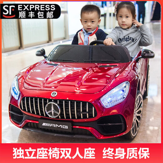 No Angel double seat children's electric car that can seat one person, four-wheel remote control two-seater baby toy car, painted red + remote control + leather seat + 12V large battery, extra large two-seater + Bluetooth music + easy to install