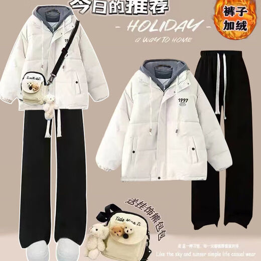 Fhhuabd Winter Frauenkleidung volle Set kleiner süßer Plüsch-verdickter Beutel für weibliche Studenten koreanische louse Brotplüschschwarze Hose 1396# S Empfohlen 80-95jin [Jin gleich 0,5 kg]