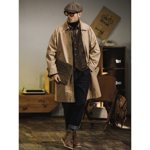 Trendy and shared American retro windbreaker jacket men's medium-length 2024 new British yuppie men's loose casual cotton coat Khaki XL recommended 150-170 Jin Jin is equal to 0.5 kg