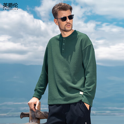 Enjeolon 330G Heavy Henley Collar Sweatshirt Men's 2024 Autumn New American Style Loose Pullover Top Brown 2XL