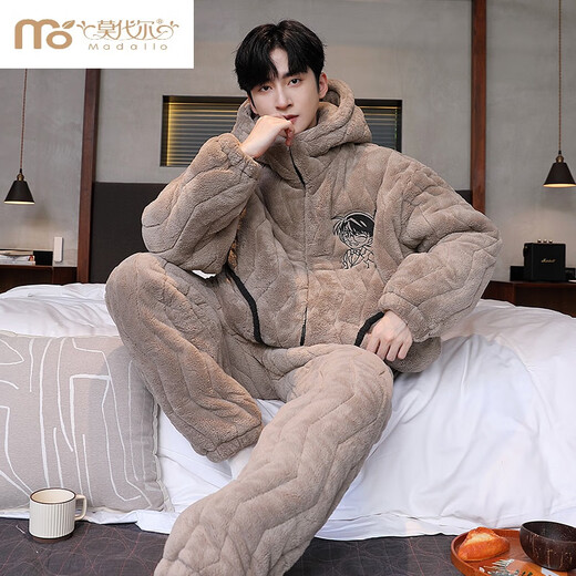 Modal Herren-Pyjamas im Winter Korallenmerze verdickt und samt warm warm dreischichtige Baumwolljacke Flanell mit Kapuze mit Kapuzenkleidungsset 1365 Männer Reversknopf 3 Schichten x l