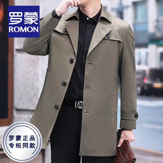 罗蒙（ROMON）风衣男士外套中长款春秋季款商务休闲风衣中年成熟稳重翻领大衣男 藏青 XL 建议145-160斤
