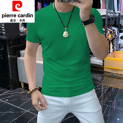 皮尔卡丹（pierre cardin）欧洲站夏装男士丝光棉短袖t恤修身韩版纯色半袖潮牌圆领上衣服 黄色 M (90-110斤)