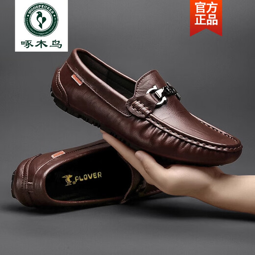Woodpecker brand men's shoes 2025 summer new youth beanie shoes men's genuine leather British trendy leather shoes men's breathable shoes black metal buckle summer hole 9905 42 feet length 26cm