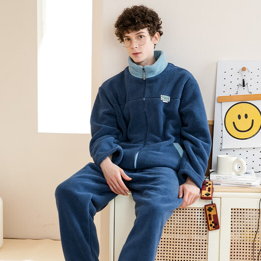 Fenton Couple Pajamas Autumn and Winter Thickened Outdoor Lapel Anti-static Double-Sided Imitation Sherpa Home Clothes Pajamas Set Dark Blue-Men's XL
