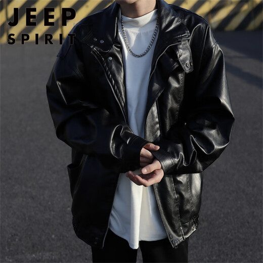 
JEEP SPIRIT American retro motorcycle leather jacket men's spring and autumn new street handsome ins trendy high-end leather jacket W9227 black XL
