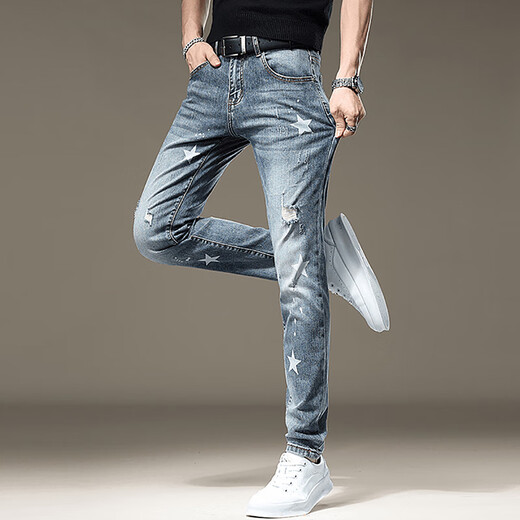 JEEP SPIRIT牛仔裤男高端复古夏季新款韩版轻奢弹力修身休闲小脚长裤 DQ-1369蓝色 32