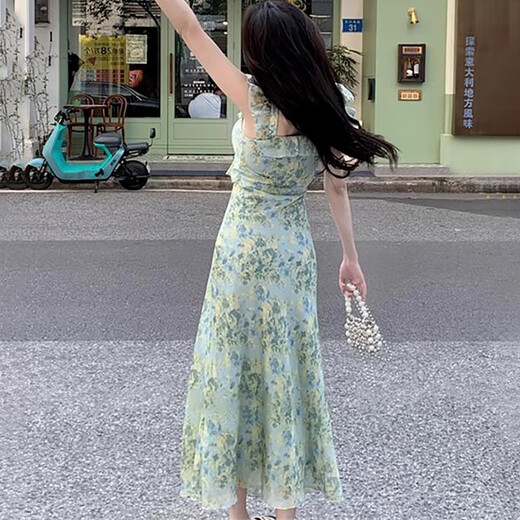 妙奕嘉法式碎花吊带连衣裙女纯欲裙子夏天新款显瘦收腰长裙气质沙滩裙 胸前交叉荷叶边吊带连衣裙 L 【建议120斤以内】