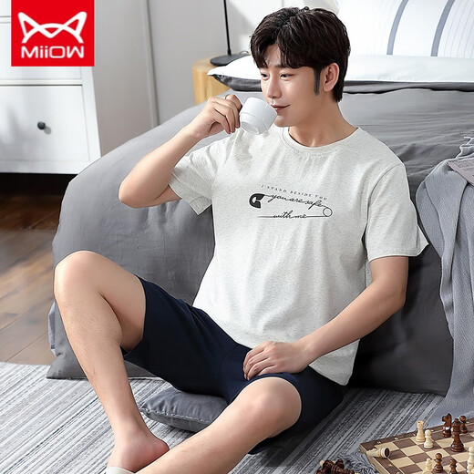 
Catman MIIOW new pure cotton pajamas for men in summer thin short-sleeved cotton can be worn on the outside with large size green home clothes YSH844 XL [130-150Jin [Jin equals 0.5 kg]]