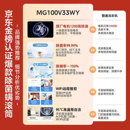 美的（Midea）滚筒洗衣机全自动家用 MG100V33WY 超薄10公斤 除菌净螨 洗衣机排名前十名 简尚 家电补贴国补
