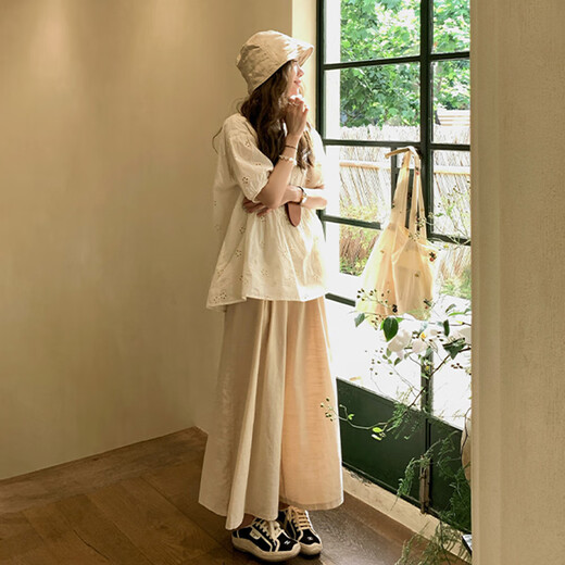 Geman Maternity Summer Suit Two-once Cotton Hollow Shirt Top en été fine mode décontracté Style Lazy couvrant le ventre APPRICOT TOP + KAKI PANTAL LEG M