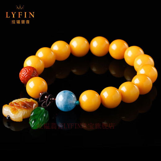 La Yun Feiyin Baltic Sea beeswax bracelet natural amber chicken fat yellow round bead bracelet beeswax fish pendant with jasper jade leaves Type A fish with jasper jade leaves