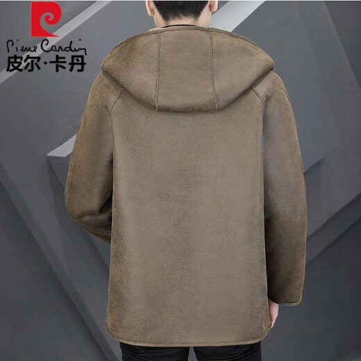 皮尔卡丹（pierre cardin）连帽皮草颗粒羊羔绒复合皮毛一体外套男士加厚两面穿仿羊剪绒皮衣 驼色(两面穿) L 105-120斤
