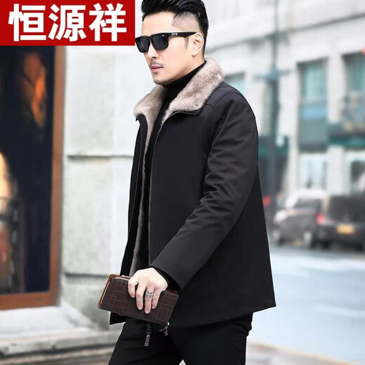 恒源祥品牌男装尼克服男貂皮整貂大衣翻领派克服中老年保暖短款皮毛一体 【卡其色内胆】-黑壳 M 100斤以下