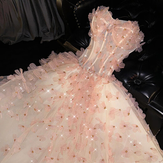 Wenmi evening dress, banquet dress, high-end temperament host dress, light luxury niche student art exam solo performance dress pink pink S