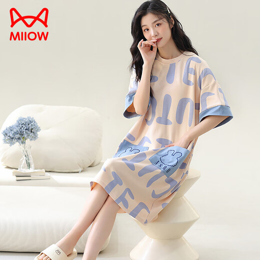 猫人（MiiOW）睡裙女夏季纯棉短袖中长款胖mm睡衣女加肥加大码200斤薄款家居服 F-6626 5XL (190-210斤)