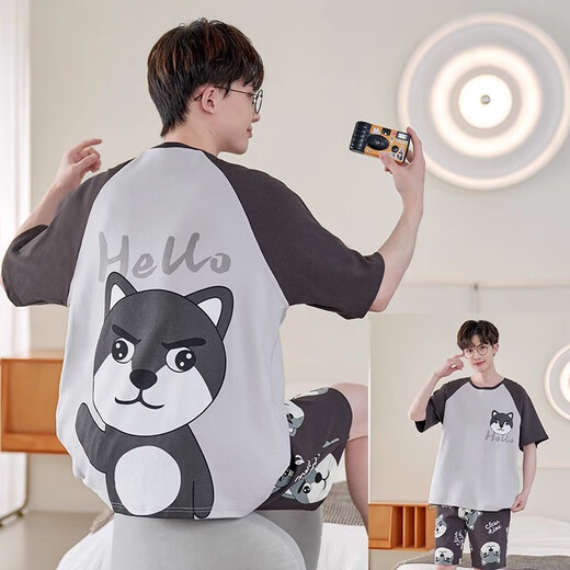 Junjun SUIDI MEI Herren Pyjamas Sommer Kurzarm Pure Cotton Student Cartoon Herren Sommer-Home-Anzug Teenager Jungen Set Short-Xy1098 Lazy Bear 3xL Standard (High 180-185 170-190jin [Jin gleich 0,5 kg])