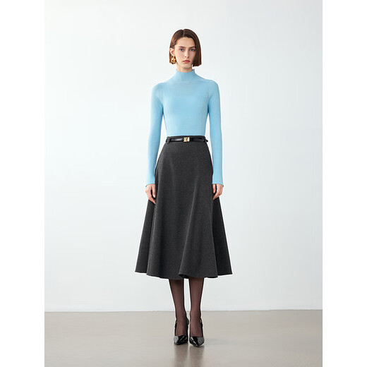 Langzi winter new style retro temperament French elegant wool umbrella skirt mid-length skirt for women dark gray L