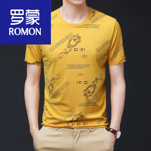 Romon Sommer-Herren-Kurzarm-T-Shirt für Männer mercerisierte Baumwolle rundes Hals-Eis-Seiz-Siebdruck mit halbärischem Top-Baumwoll-Basishemd High Tto702 Black XL 180 empfohlen 150-170jin [Jin gleich 0,5 kg]