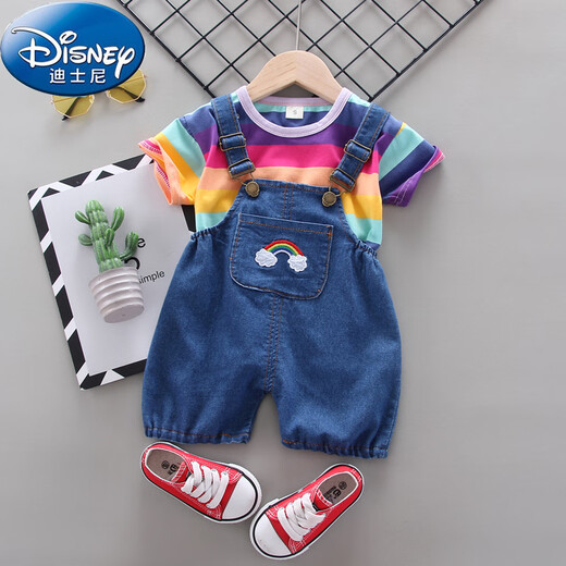 迪士尼（Disney）女童夏季洋气短袖套装婴幼儿童夏装时髦宝宝牛仔背带短裤两件套潮 短袖小毛球白色 90 cm建议1-2周岁