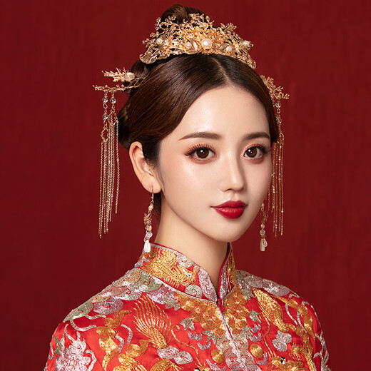 QBILY bridal headwear, wedding dress, Xiuhe suit, cheongsam, headwear, ancient hair ornaments, phoenix crown, step-shaking Chinese bridal accessories, complete set of Chinese bridal headwear (ear hook style)