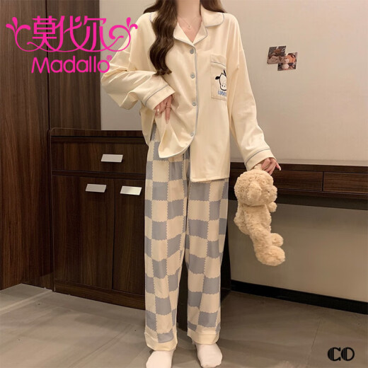 莫代尔【2件套】带胸垫睡衣女士春秋季纯棉长袖新款可爱大码家居服套装 A718 格子小狗 蓝色 带胸垫 170(XL)