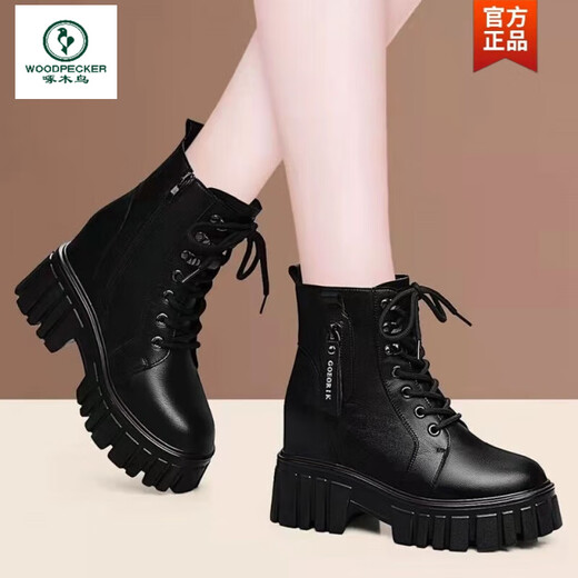 Woodpecker versatile leather Martin boots for women with high height inside women's shoes for small thick sole single plus fleece short boots black [comfortable single] 38