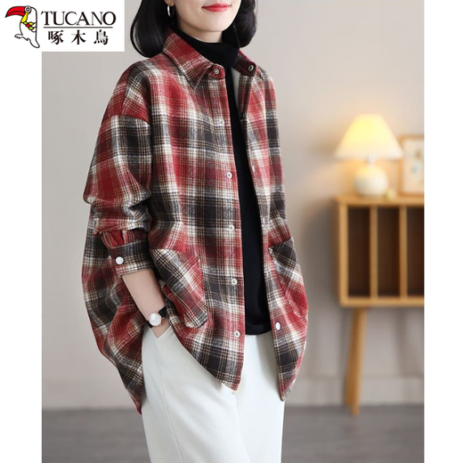 Woodpecker Brand Discount Retro Plaid Shirt Jacket Women's Western Style Loose Slim Lapel Plus Velvet Thick Brushed Top Black / Velvet Thickening Winter Warmth M Recommended 90-110 Jin Jin equals 0.5 kg
