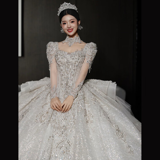 Hermana gorda Vestido de novia de gran tamaño Manga larga francesa White 2024 NUEVA PRODUCCIÓN ADURIDAD DE LA ANDACUA A LA PARA LA LANGRA PERSONA PEQUEÑA Vestido de novia de cola blanca XL