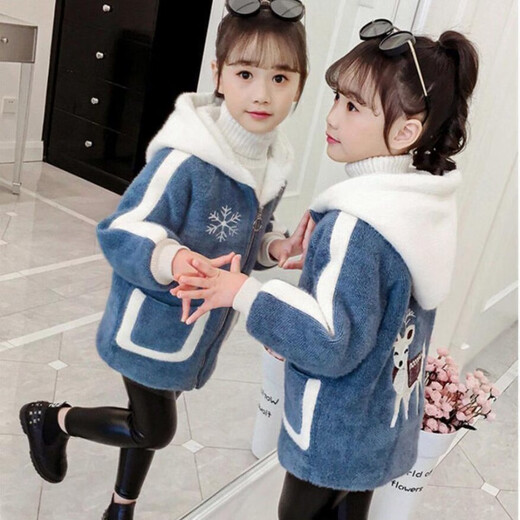 Ainolun Girls' Jacket Winter Style Thickened Woolen Coat for Girls 3-12 Years Old, Mid-Length Imitation Mink Velvet Clothes, Blue 130 Recommended Height 115-125cm