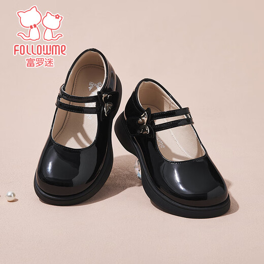 富罗迷女童皮鞋儿童公主鞋方口单鞋时尚儿童校园演出鞋 黑色 37