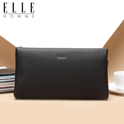 ELLE HOMME men's handbag, top layer deer leather zipper wallet, large capacity clutch bag, fashionable men's bag, EB282300450 black, birthday gift for boyfriend