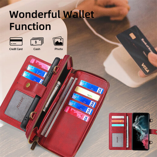 S23ultra Mobiltelefon Hülle Leder schräg Lanyard Samsung S22+ Brieftasche Flip Multifunktionskarte Mezzanine S21FE Full Cover Anti-Fall-Schutzhülle Business Red Samsung S23+