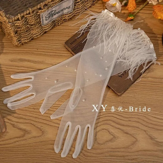 薇施莲【抖音同款】韩版网纱新娘手套结婚拍照夏季透明显瘦婚纱韩版走秀 网纱手套羽毛欧根纱 约52